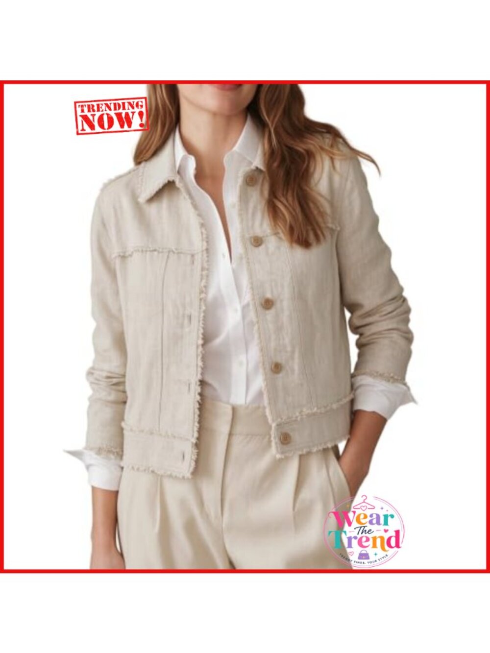 100% Linen Cropped Jacket Raw Edge Button Down Patch Pocket Relaxed Fit